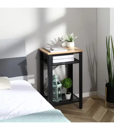 Mesa Auxiliar Mesita de Noche Estilo Industrial con 2 Estantes de Rejilla de Metal y Pies Ajustables para Salón Dormitor