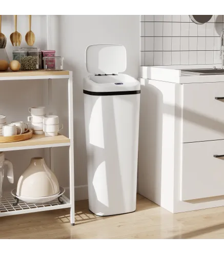 Cubo de Basura Cocina Automático 50 L Estrecha de Acero Inoxidable con Sensor Infrarrojo Modo Manual Antihuellas Blanco