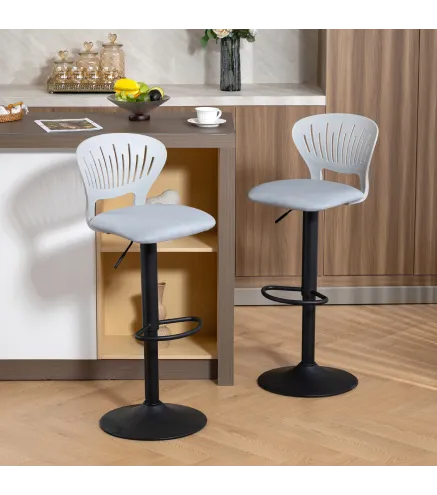 Juego de 2 Taburetes de Bar Giratorios en 360° Regulables en Altura de 84-105 cm Respaldo Hueco Reposapiés Gris