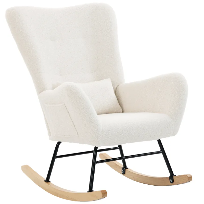 Mecedora de Terciopelo de Teddy con Respaldo Acolchado Almohada y Base de Madera de Caucho Carga 120 kg Crema