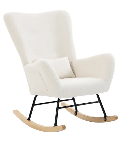 Mecedora de Terciopelo de Teddy con Respaldo Acolchado Almohada y Base de Madera de Caucho Carga 120 kg Crema