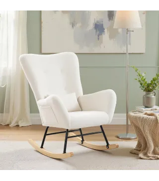 Mecedora de Terciopelo de Teddy con Respaldo Acolchado Almohada y Base de Madera de Caucho Carga 120 kg Crema