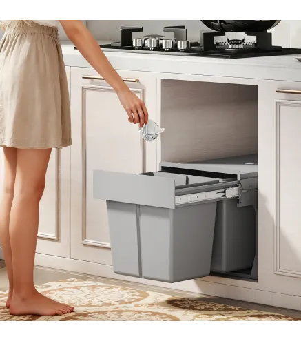 Cubo de Basura Extraíble bajo Fregadero con 2 Contenedores Capacidad Total 30L (15Lx2) Fijación Inferior Gris Claro