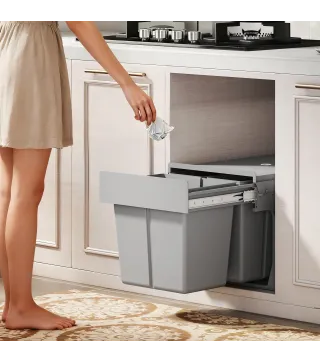 Cubo de Basura Extraíble bajo Fregadero con 3 Contenedores Capacidad Total 31L (15L+8Lx2) Fijación Inferior Gris Claro