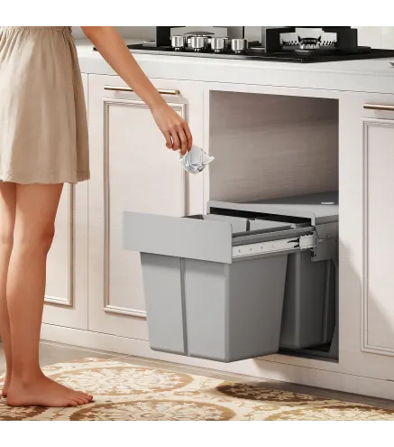 Cubo de Basura Extraíble bajo Fregadero con 3 Contenedores Capacidad Total 31L (15L+8Lx2) Fijación Inferior Gris Claro