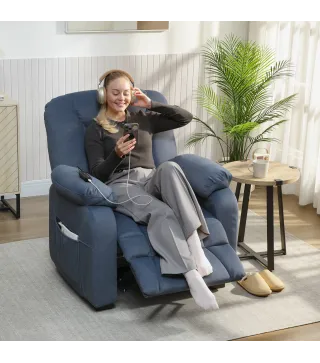 Sillón Relax Reclinable Eléctrico Silencioso con Función Memoria Reposapiés Mando a Distancia Bolsillos Laterales Azul