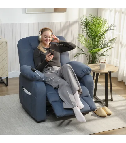 Sillón Relax Reclinable Eléctrico Silencioso con Función Memoria Reposapiés Mando a Distancia Bolsillos Laterales Azul