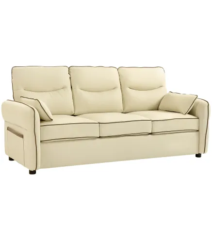 Sofá de 3 Plazas Tapizado en Cuero Sintético Acolchado Grueso Asiento Ancho Reposabrazos Bolsillo Montaje Rápido Beige