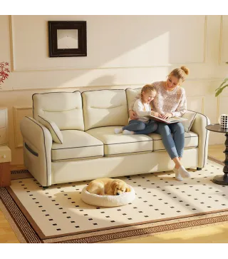 Sofá de 3 Plazas Tapizado en Cuero Sintético Acolchado Grueso Asiento Ancho Reposabrazos Bolsillo Montaje Rápido Beige