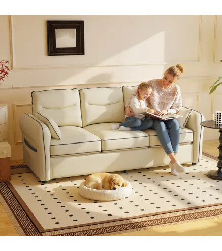 Sofá de 3 Plazas Tapizado en Cuero Sintético Acolchado Grueso Asiento Ancho Reposabrazos Bolsillo Montaje Rápido Beige