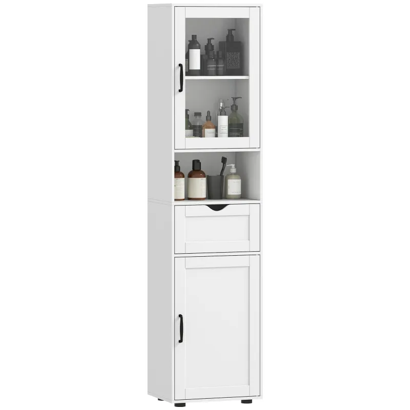 Columna de Baño Estrecha con Puerta de Vidrio Estantes Ajustables Cajón Estante Abierto 40x30x165 cm Blanco