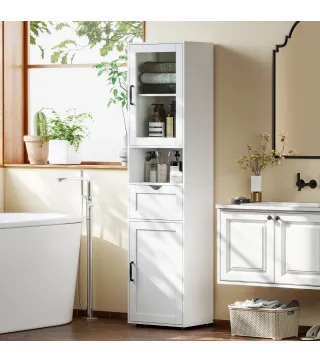 Columna de Baño Estrecha con Puerta de Vidrio Estantes Ajustables Cajón Estante Abierto 40x30x165 cm Blanco