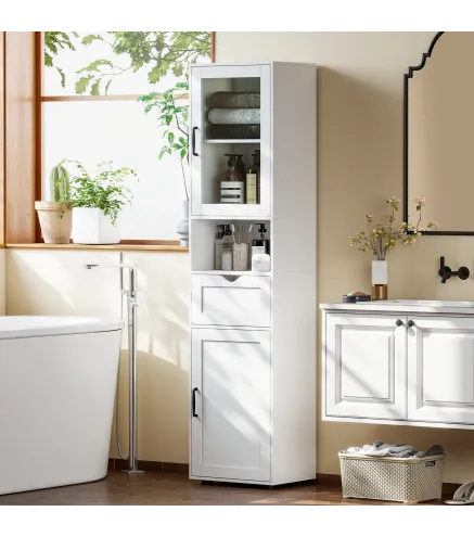 Columna de Baño Estrecha con Puerta de Vidrio Estantes Ajustables Cajón Estante Abierto 40x30x165 cm Blanco