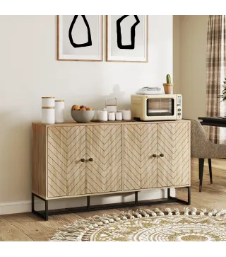 Aparador de Salón con 4 Puertas con Diseño Chevron Estantes Ajustables Patas de Acero 140,5x40x81,5 cm Roble