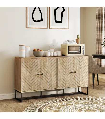 Aparador de Salón con 4 Puertas con Diseño Chevron Estantes Ajustables Patas de Acero 140,5x40x81,5 cm Roble