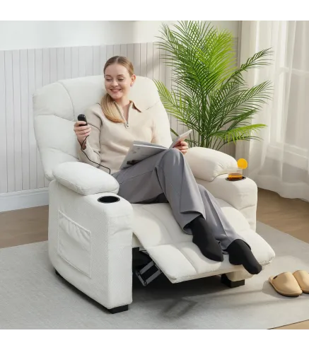 Sillón Relax Reclinable Eléctrico Silencioso con Función Memoria Reposapiés Mando a Distancia Bolsillos Laterales Crema