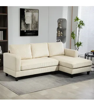 Sofá Chaise Longue de 3 Plazas en Forma de L Tapizado en Pana Asiento y Respaldo Acolchados 214x134x87 cm Beige