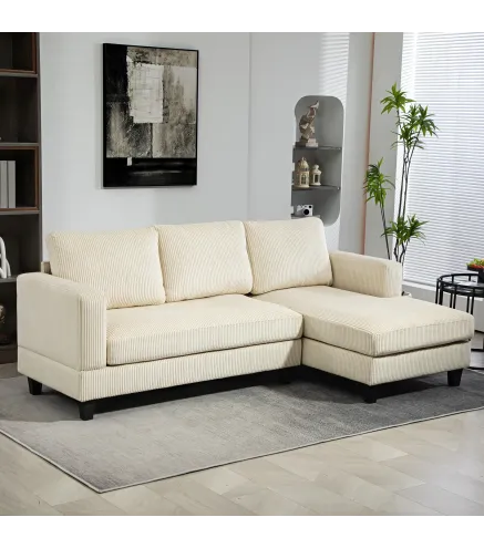 Sofá Chaise Longue de 3 Plazas en Forma de L Tapizado en Pana Asiento y Respaldo Acolchados 214x134x87 cm Beige