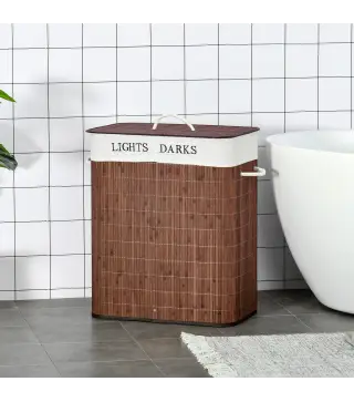 Cesto para Ropa Sucia de Bambú Capacidad de 100L Cesta para la Colada Rectangular con Tapa Extraíble Bolsa de 2 Comparti