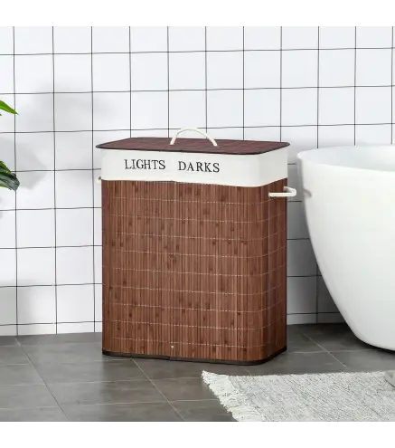 Cesto para Ropa Sucia de Bambú Capacidad de 100L Cesta para la Colada Rectangular con Tapa Extraíble Bolsa de 2 Comparti