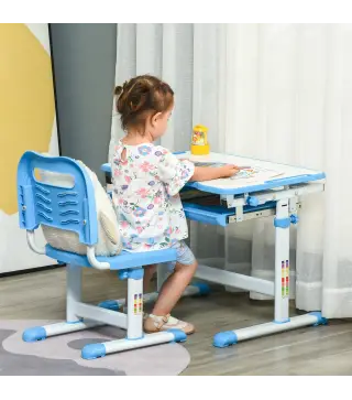 Pupitre Infantil 2 en 1 Juego de Escritorio y Silla para Niños de +6 Años con Altura Ajustable Mesa Regulable en Ángulo y Bandej