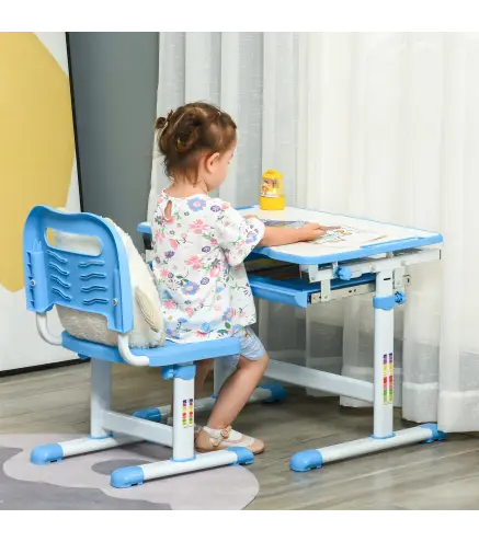 Pupitre Infantil 2 en 1 Juego de Escritorio y Silla para Niños de +6 Años con Altura Ajustable Mesa Regulable en Ángulo y Bandej