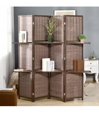 Biombo de 4 Piezas de Bambú Biombo Separador de Ambientes Plegable con 2 Estantes Extraíbles Divisor de Habitaciones Dor