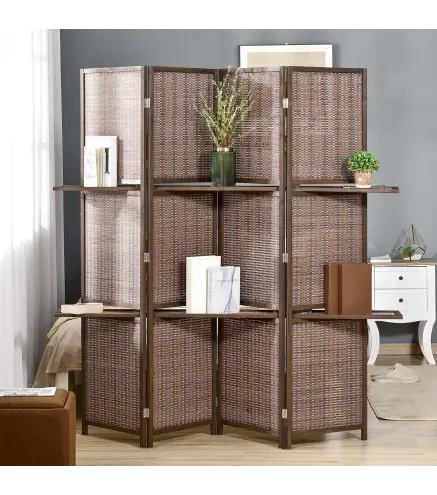 Biombo de 4 Piezas de Bambú Biombo Separador de Ambientes Plegable con 2 Estantes Extraíbles Divisor de Habitaciones Dor