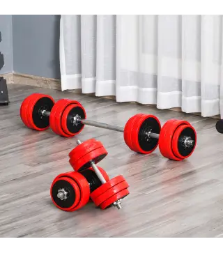 Juego de Mancuernas 30 kg Ajustables 2 en 1 con 12 Discos 2 Barras y Biela Ajustable para Entrenamiento de Fuerza Levantamiento