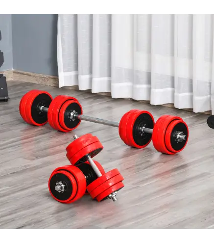 Juego de Mancuernas 30 kg Ajustables 2 en 1 con 12 Discos 2 Barras y Biela Ajustable para Entrenamiento de Fuerza Levantamiento