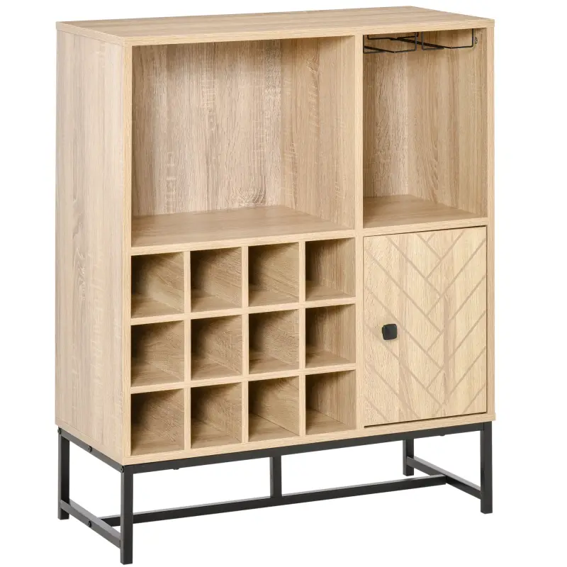 Aparador de Cocina con Botellero para 12 Botellas y Soporte de 6 Copas de Vino 76x35x97 cm Madera Natural