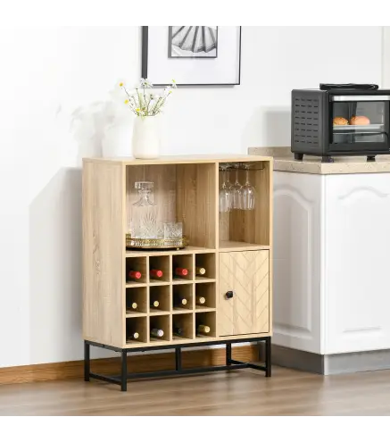 Aparador de Cocina con Botellero para 12 Botellas y Soporte de 6 Copas de Vino 76x35x97 cm Madera Natural