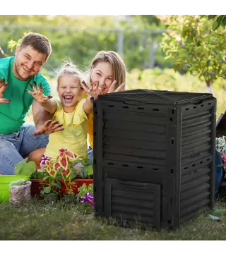 Compostador Capacidad de 300L Compostera Orgánica para Producción Abono de Jardín Exterior con 48 Respiraderos 60,5x60,5x81,5 cm