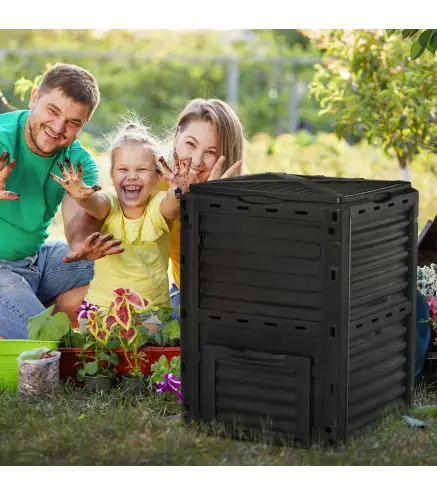 Compostador Capacidad de 300L Compostera Orgánica para Producción Abono de Jardín Exterior con 48 Respiraderos 60,5x60,5x81,5 cm