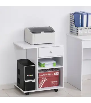 Armario para Impresora de Oficina Carro Multifuncional con Ruedas 2 Compartimentos Cajón y Soporte para CPU Estante Ajustable pa