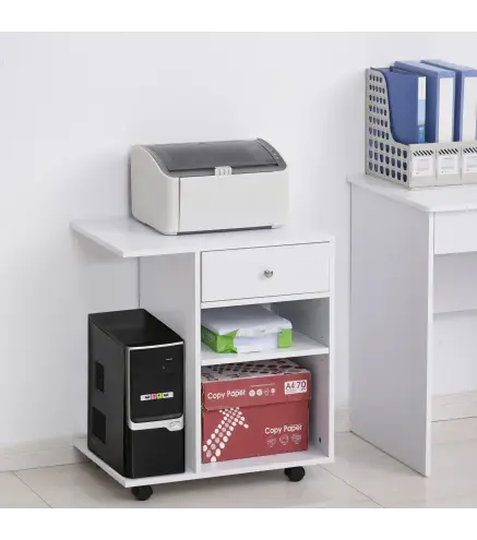 Armario para Impresora de Oficina Carro Multifuncional con Ruedas 2 Compartimentos Cajón y Soporte para CPU Estante Ajustable pa