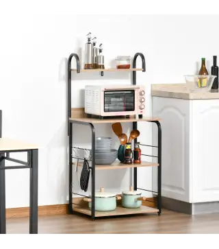 Estantería de Cocina de 4 Niveles con Ganchos Estantería para Microondas 60x40x125 cm Madera Natural