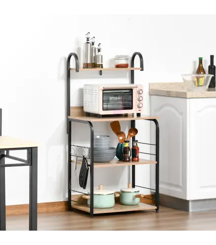 Estantería de Cocina de 4 Niveles con Ganchos Estantería para Microondas 60x40x125 cm Madera Natural