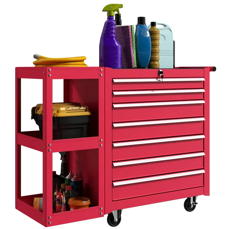 Carro de Herramientas con 7 Cajones Estantería de 3 Niveles Desmontable Sistema de Cierre Central Asa Rojo