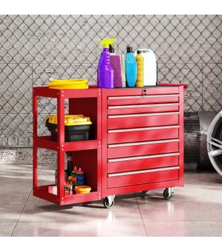 Carro de Herramientas con 7 Cajones Estantería de 3 Niveles Desmontable Sistema de Cierre Central Asa Rojo