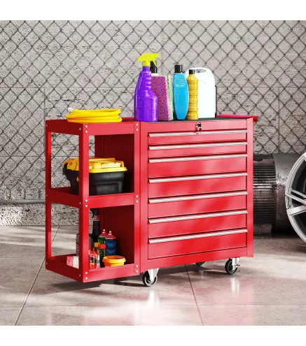 Carro de Herramientas con 7 Cajones Estantería de 3 Niveles Desmontable Sistema de Cierre Central Asa Rojo