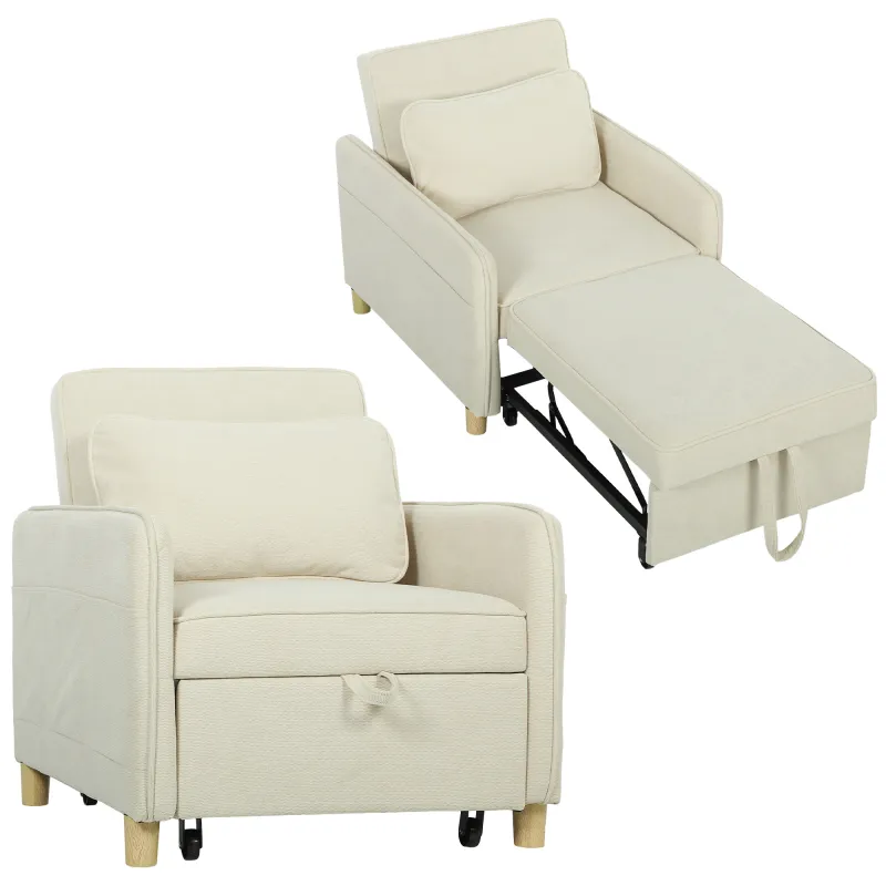 Sillón Cama Individual 3 en 1 Sofá Cama Plegable con Respaldo Ajustable y Cojín para Salón 74x85,5x82 cm Beige