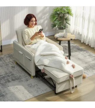 Sillón Cama Individual 3 en 1 Sofá Cama Plegable con Respaldo Ajustable y Cojín para Salón 74x85,5x82 cm Beige
