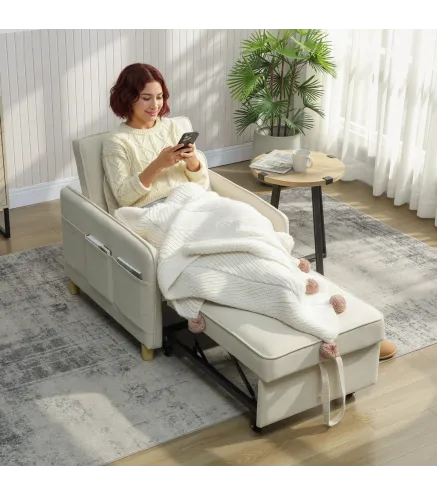 Sillón Cama Individual 3 en 1 Sofá Cama Plegable con Respaldo Ajustable y Cojín para Salón 74x85,5x82 cm Beige
