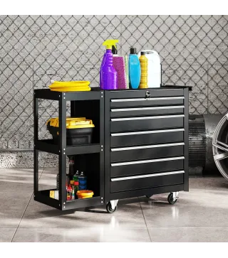 Carro de Herramientas con 7 Cajones Estantería de 3 Niveles Desmontable Sistema de Cierre Central Asa Negro