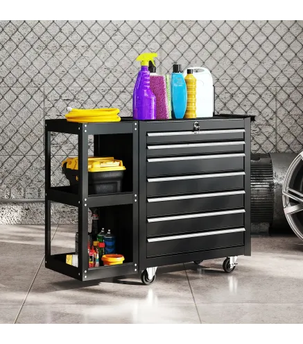 Carro de Herramientas con 7 Cajones Estantería de 3 Niveles Desmontable Sistema de Cierre Central Asa Negro