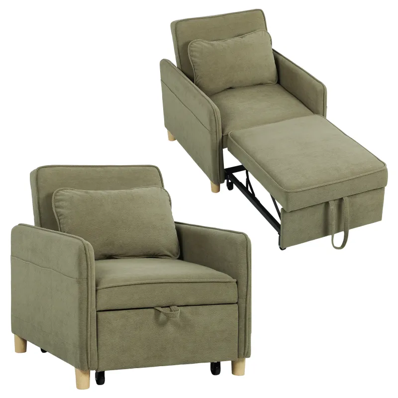 Sillón Cama Individual 3 en 1 Sofá Cama Plegable con Respaldo Ajustable y Cojín para Salón 74x85,5x82 cm Verde Oscuro