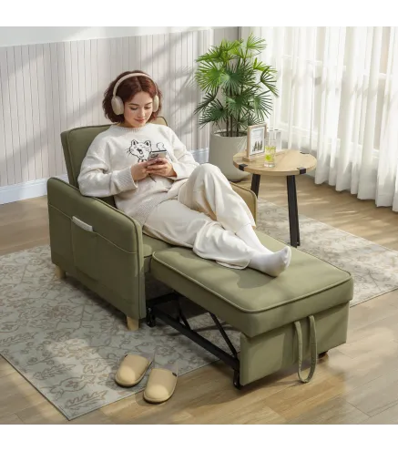 Sillón Cama Individual 3 en 1 Sofá Cama Plegable con Respaldo Ajustable y Cojín para Salón 74x85,5x82 cm Verde Oscuro