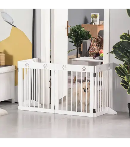 Barrera para Perros Plegable de 4 Paneles 204x61 cm Barrera de Seguridad para Perros con Estructura de Madera y Patas de Apoyo p