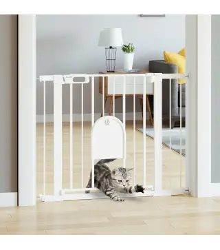 Barrera de Seguridad para Perros Extensible 75-103 cm, para Puertas y Escaleras, Barrera para Perros con Puerta Pequeña, 2 Exten